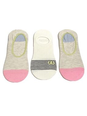 Invisible Socks Set of 3 Pairs New Pink Blue Beige Grey Yellow Happy Face Stripe